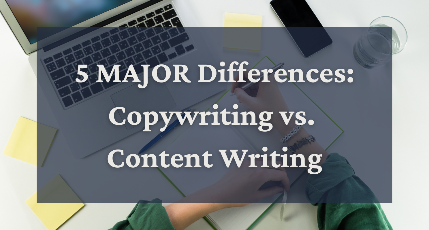 writer's desk with "5 major differences: copywriting vs. content writing" overlaid writer's desk with "5 major differences: copywriting vs. content writing" overlaid