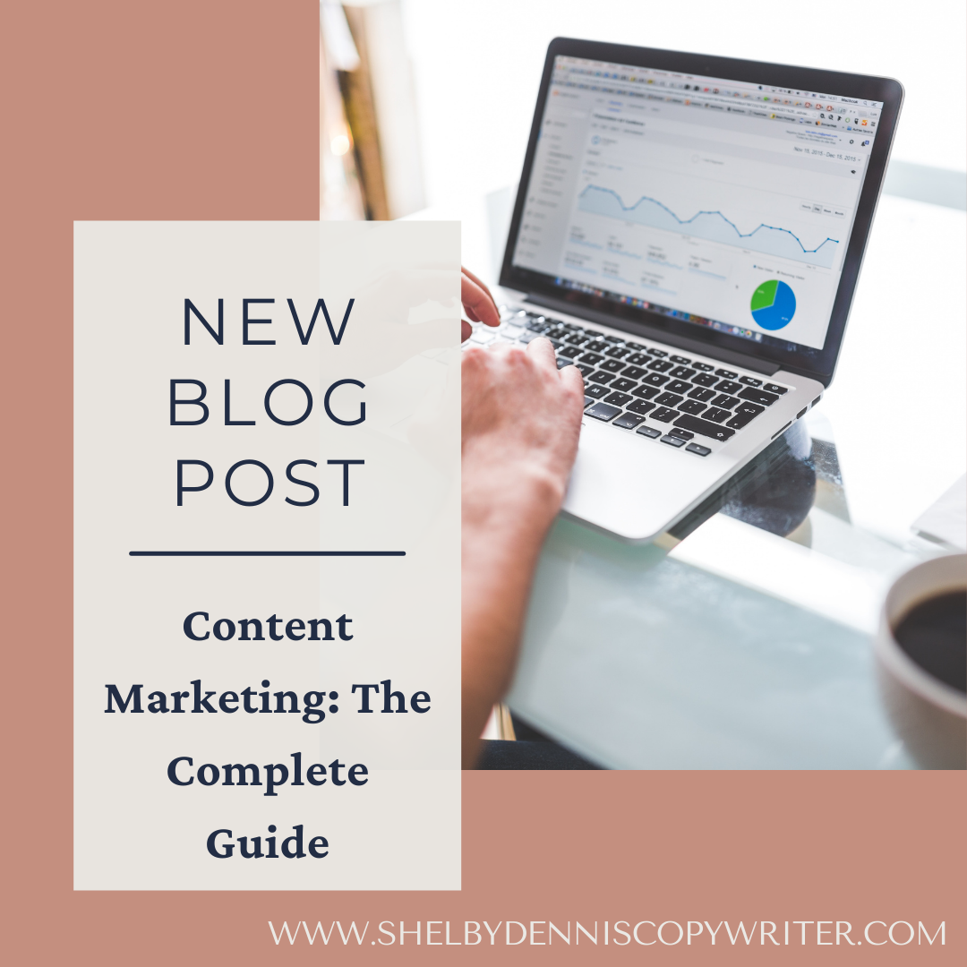 "Content marketing: the complete guide" text on top of an image of hands typing on a laptop.