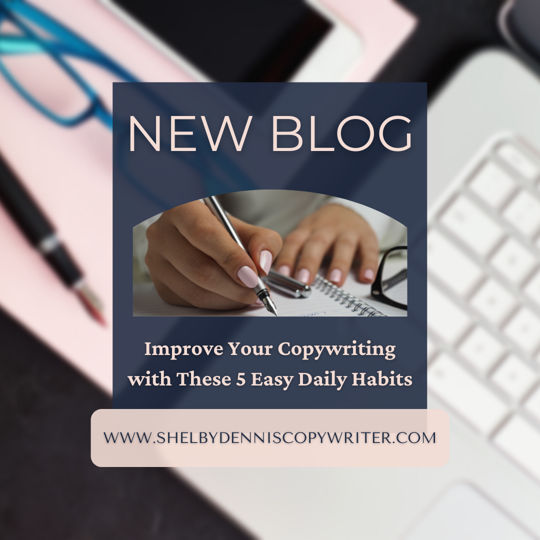 "Improve your copywriting" text on top of an image of a woman writing in a notebook.