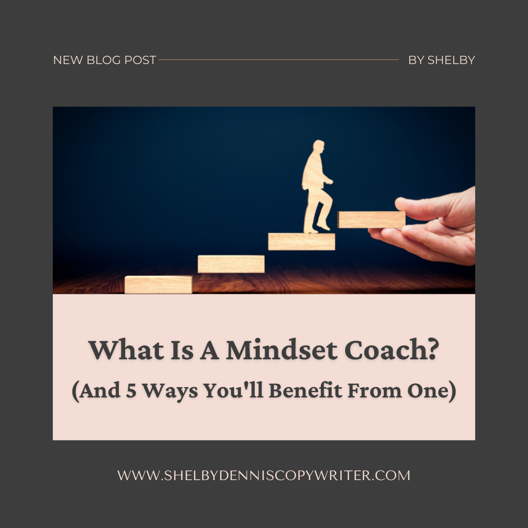 "What is a mindset coach?" text on top of a graphic of a man climbing a staircase.