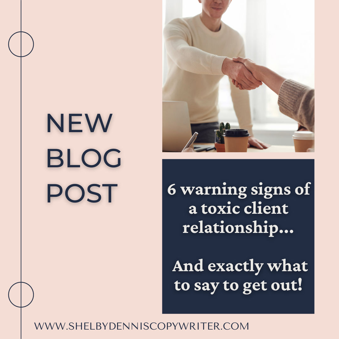 "6 Warning signs of a toxic client" text on top of an image of 2 people shaking hands.